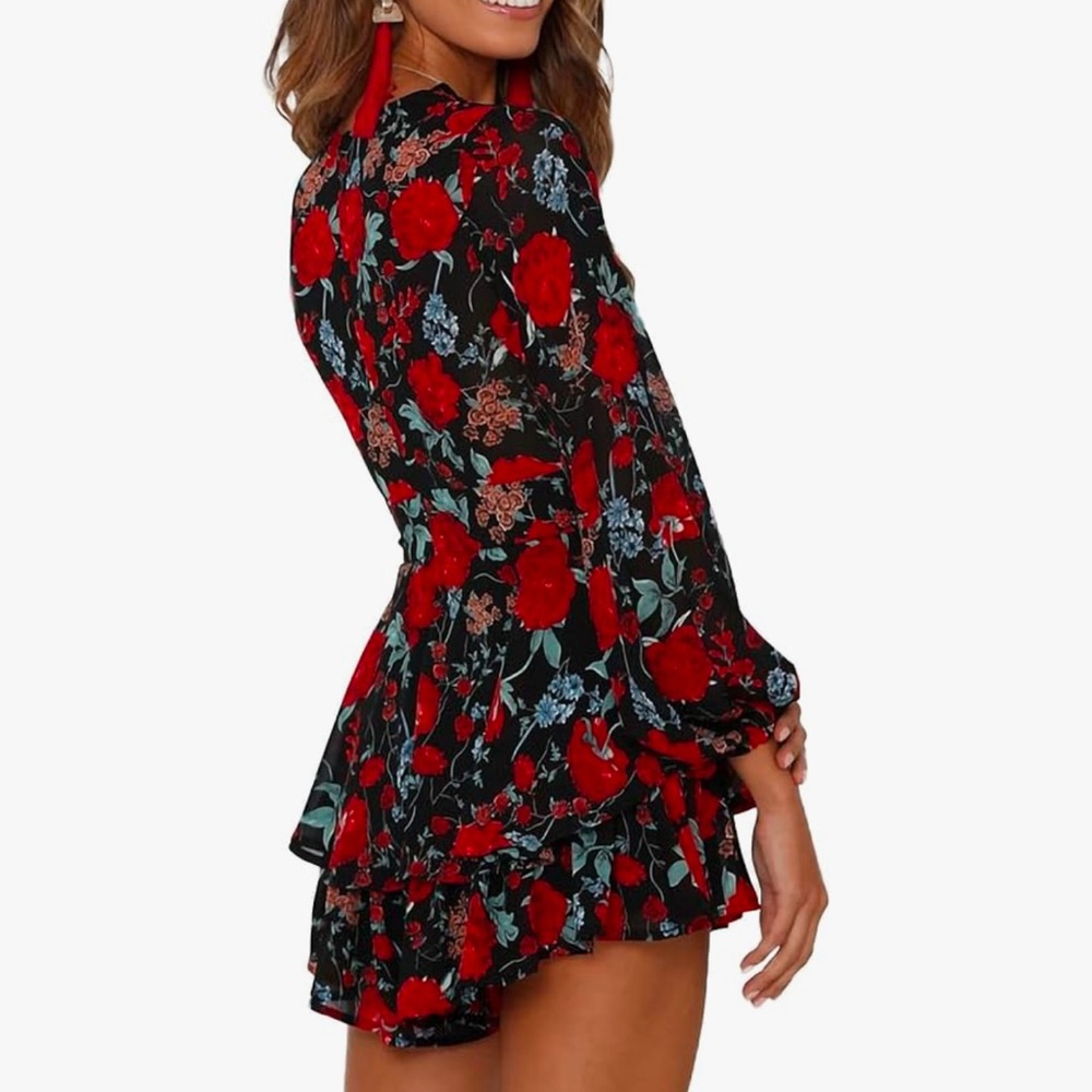 *NEW* Red & black floral romper w/ bubble sleeves, ruffled bottom, lightweight. - Picture 4 of 7